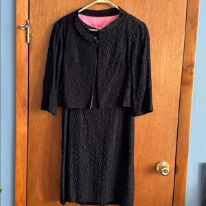 Vintage Elegant Black Textured Dress and Jacket Set